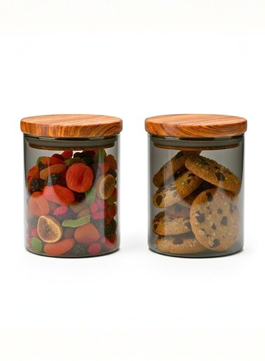 Set of 2- 600 ML Borosilicate Glass Storage Jar with Acacia Wooden Lid , Durable &amp; Stylish Kitchen Storage, Smoky Grey