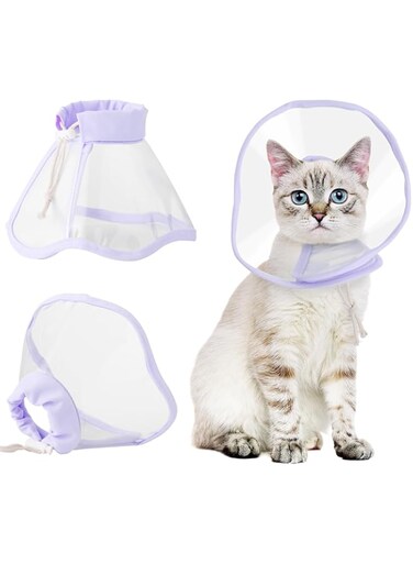 Cat Cone Collar, Drawstrings Cat Cone Collar with Low Noise Fasteners, Transparent Cat Recovery Collar, Licking and Scratching, Soft Cat Surgery Collar for Puppies, Small Dogs and Cats (Purple, S)