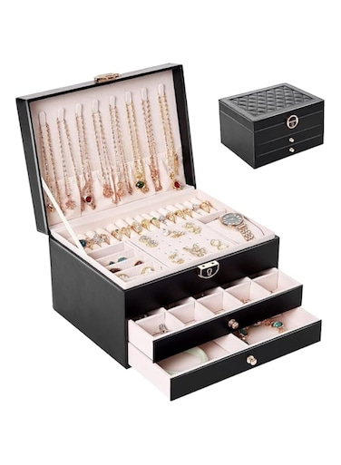YHOME Jewelry Box Organizer for Women Girls,3 Layer Jewelry Storage Box with Lock and Removable Tray,Leather Jewelry Storage Holder for Necklace Bracelets,Rings Jewelry Gift Boxes