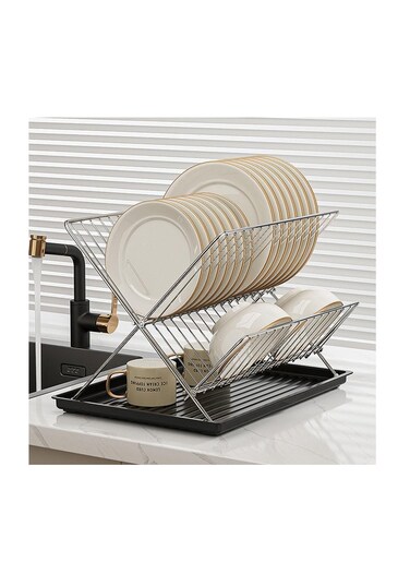 Foldable Dish Drying Rack,2 Tier Metal Dish Drying Stand with Drainer Tray,Large Dish Strainer Rack for Bowls Plates Cups Pans,Collapsible Dish Bowl Storage Shelf for Kitchen Countertop Pantry (Black)