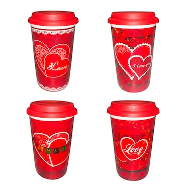 Valentine Mug with Lid 12.5cm &ndash; Romantic Heart-Themed Travel Tumbler for Hot &amp; Cold Drinks