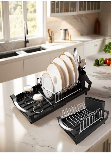 Retractable Stainless Steel Dish Rack,Expandable Dish Drying Rack with Utensil Holder,Kitchen Countertop Bowl Drain Rack,Black