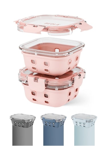 Set of 2 Glass Food Storage Containers with Airtight Lids and Silicone Protection, Leakproof Food Organizer, Freezer, Dishwasher, Microwave Safe, Kitchen Organizer for Food (320ml, Blush Pink)
