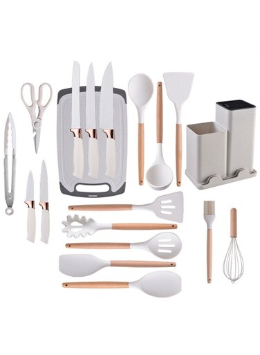 Stylish 19 Pcs Culinary Accessories Arrangement Showcasing Ergonomic Utensils, Nonstick Silicone Surfaces, Scandinavian-Inspired Design, Balanced Color Blocking, Food Preparation Elements, Creative Kitchen Workspace Mood