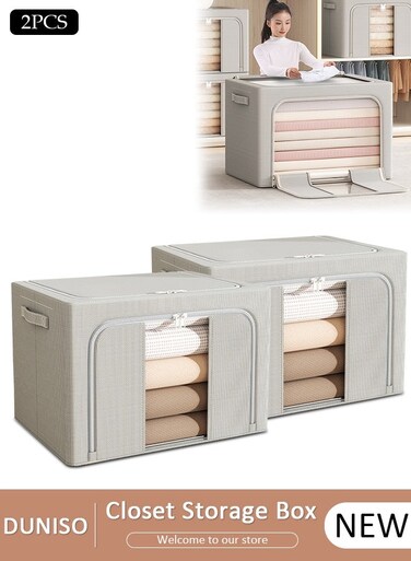 2 Pack 100 L Closet Storage Box with Metal Frame, Stackable Flodable Closet Container Organizer with Lids Handle Double &amp; Zippers, Large Capacity Wardrobe Clothes Storage Box with Clear Window for Blanket, Bedding, Clothes, Comforter