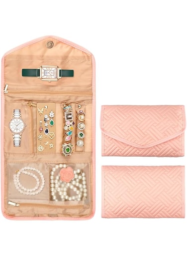 Khazna Travel Jewelry Organizer Roll Foldable Jewelry Case for Journey-Rings, Necklaces, Bracelets, Earrings, Soft- Pink