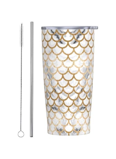 Perinsto Gold Lines And Gray Marble Mermaid Scales 20oz Travel Tumbler With Lid And Straw, Stainless Steel Tumblers Insulated Coffee Cup Mug Gift For Men Women