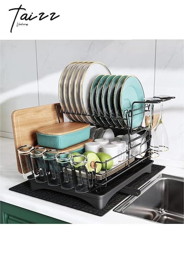 2-Tier Large Dish Drying Rack Drainboard Set, Stainless Steel Dish Racks with Drainage, Wine Glass Holder, Utensil Holder, and Extra Drying Mat, Kitchen Dish Drainer 29.5x40.5x33cm - Black