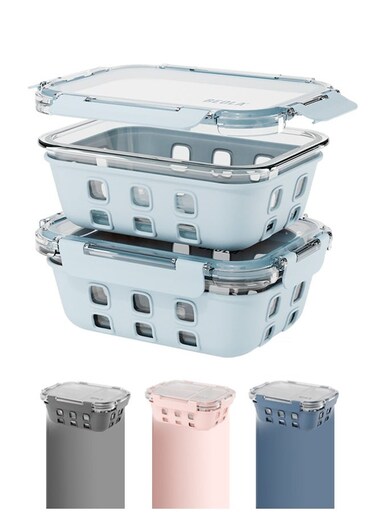 Set of 2 Glass Food Storage Containers with Airtight Lids and Silicone Protection, Leakproof Food Organizer, Freezer, Dishwasher, Microwave Safe, Kitchen Organizer for Food (640ml, Ice Blue)