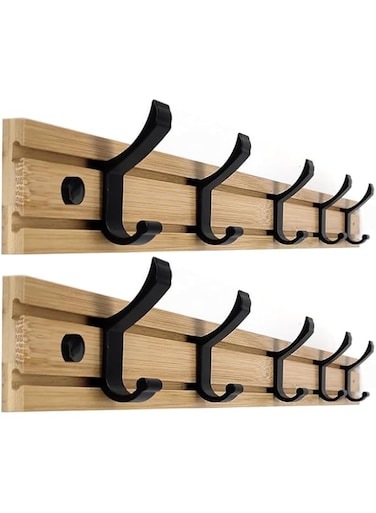2 Pack Nordic Style Wall-Mounted Clothes Rack with 1.2 mm Thick, Solid Nanmu Wood with Space Aluminum Hooks, Moisture-Proof and Mold-Resistant, Two Installation Methods (No Drilling &amp; Drilling)
