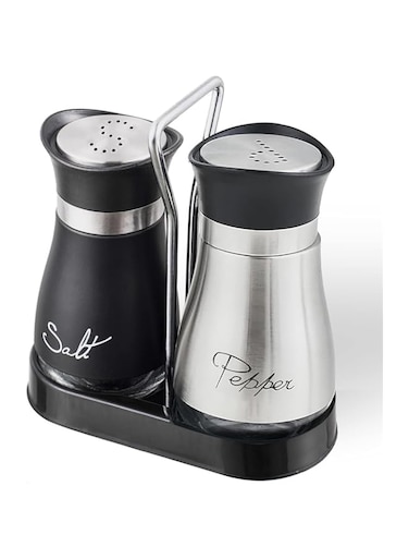 Lonimia Salt and Pepper Shakers Set,4 oz Glass Bottom Salt Pepper Shaker with Stainless Steel Lid for Kitchen Gadgets Cooking Table, RV, Camp,BBQ Refillable Design(Silver1 black1)