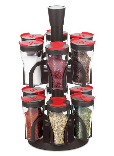 Smart Revolving Spice Rack Spinner Counter Top Glass Jar Bottles Set of 13 Pcs for Herbs, Salt and More with Rotating Holder Spice Rack by Home Smart