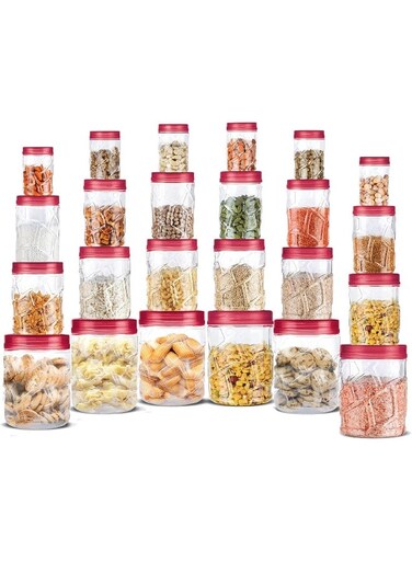 Vitro Storage Jar &amp; Canister Set of 24 &acirc;&euro;&ldquo; Food-Grade PET Plastic, 300 ml (6 pcs), 700 ml (6 pcs), 1.4 L (6 pcs), 2 L (6 pcs), Air-Tight, Stackable Containers for Grains, Pulses &amp; Dry Fruits