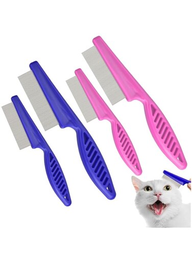 Flea Lice Comb, 4 Pcs Flea Comb with Handle 2-in-1 Double Sided Pet Tear Remover Stainless Steel Dog Cat Grooming Combs with Rounded Flea Brush Tear Stain Comb Grooming Face and Matted Hair Paws