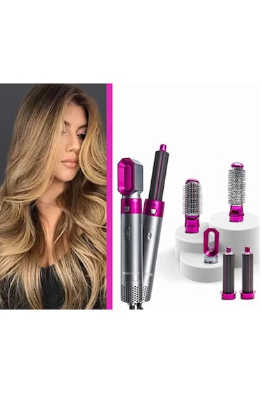5 in 1 Hot Air Brush Hair Curler Set &ndash; Grey &amp; Pink   Dryer, Straightener &amp; Styling Tool