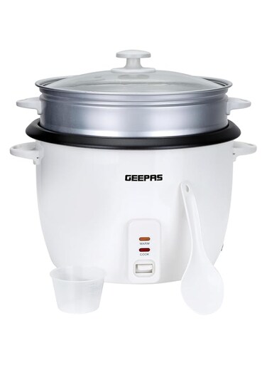 Geepas-Automatic Rice Cooker 3 in 1 Functions Non-Stick Inner Pot Automatic Shut Off with Overheat Protection  GRC4324 White