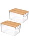 Set Clear Stackable Storage Boxes with Handles and Bamboo Wood Lid, Pantry Organizer Bins, 26x17.5x16 CM, for Kitchen, Pantry, Countertops, Cabinets, Freezer, Bedrooms, Bathrooms