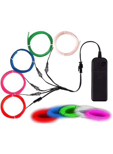 NALACAL EL Wire, Portable Noise Reduction Neon Light 5 in 1 Meter, Electroluminescent Wire for Halloween Decoration, Christmas Party, DIY Decoration (Red, White, Blue, Green, Pink)