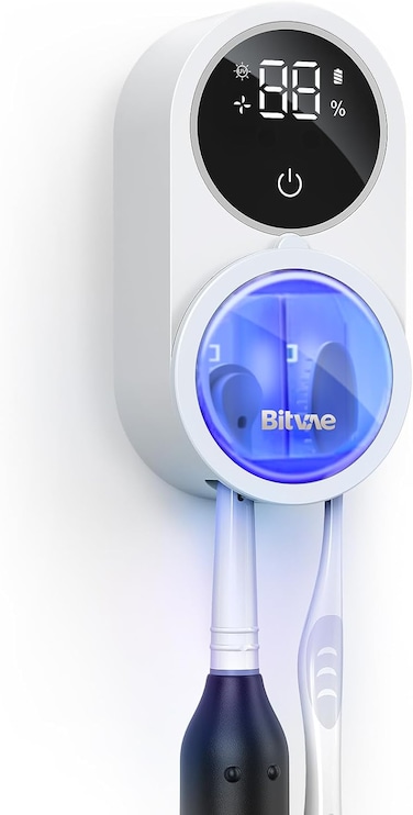 Bitvae Toothbrush Cleaner, UV-C Cleaning and Air Drying, LED Smart Screen, Rechargeable Wall Mount Toothbrush Holder, White