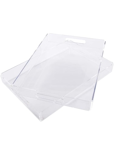 MAONAME e world unbox happiness Clear Acrylic Tray with Handles, Set of 2, Decorative Serving Tray for Coffee Table, Tea, Storage   15.2" X 11" X 2" Rectangular