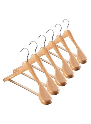 High-Grade Wide Shoulder Wooden Hangers 6 Pack with Non Slip Pants Bar - Smooth Finish Solid Wood Suit Hanger Coat Hanger, Holds upto 9KG, 360&Acirc;&deg; Swivel Hook, for Dress, Jacket, Heavy Clothes Hangers