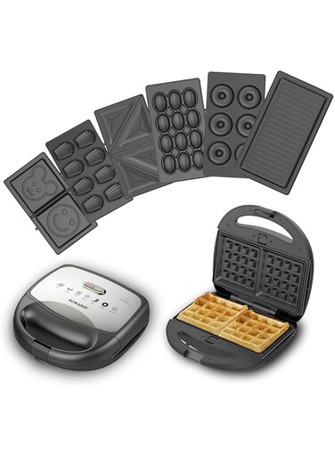 Sonashi 7-In-1 Multi Snack Maker with Detachable Sandwich/Grill/Waffle/Donut/Nutty/Smile/Shell Cake Making Plates   Indicator Light with Auto Cut-OFF feature   Snack Maker 800W SSM-862N Black/Silver