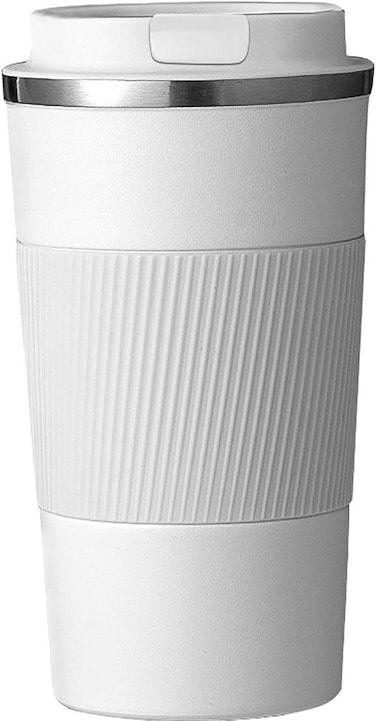 Coffee Travel Mug with Non-Slip Silicone Sleeve, Double-Wall Vacuum Insulated Stainless Steel Thermos Cup, Leak-Proof Flip Lid for Hot &amp; Cold Drinks, White