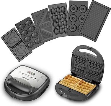 Sonashi 7-In-1 Multi Snack Maker with Detachable Sandwich/Grill/Waffle/Donut/Nutty/Smile/Shell Cake Making Plates   Indicator Light with Auto Cut-OFF feature   Snack Maker 800W SSM-862N Black/Silver