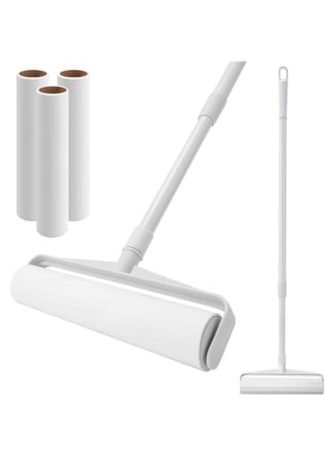 Beauenty 24CM Wide Large Lint Roller Hair Remover Kit for Floor Carpet, 2 in 1 Extendable Long Handle with 4 Rollers for Pet Hair Remove (Lint Roller+3 Replacements)