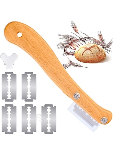 Bread Slicer, Bread Lame Wooden Handle Bread Slashing Tool Dough Scoring Knife, Made of Wooden and Stainless, Ergonomic Design, with 5 Pieces Replaceable Blades for Bread Making Kitchen Accessories