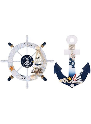 SYOSI Nautical Beach Ship Wheel and Anchor with Rope Nautical Boat Steering Wheel Rudder Anchor Wall Decor Door Hanging Ornaments Beach Theme Home Wall Decoration,Pack of 2/11in (A)