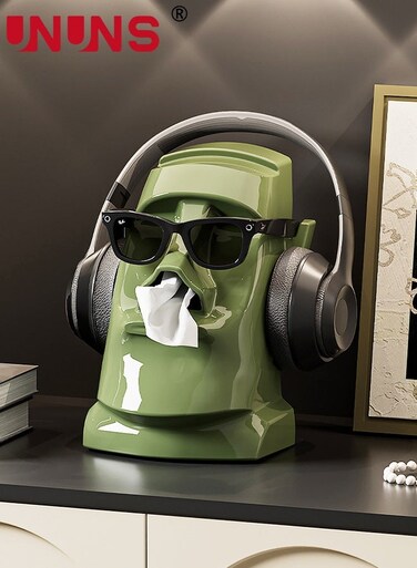 Tissue Box,Creative Stone Statue Tissue Box Holder,3-in-1 Headphone Stand Glasses Rack Holder,Tissue Box Cover for Office Living Room Dining Table Bedroom Book Shelf TV Cabinet Desktop,Green