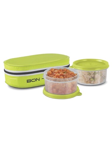 Bon-Bon 2pc Round Plastic Lunch Box 300ml+300ml with Insulated Bag, Green