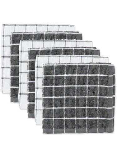 DII Basic Terry Collection Windowpane Dishcloth Set, 12x12, Gray, 6 Piece