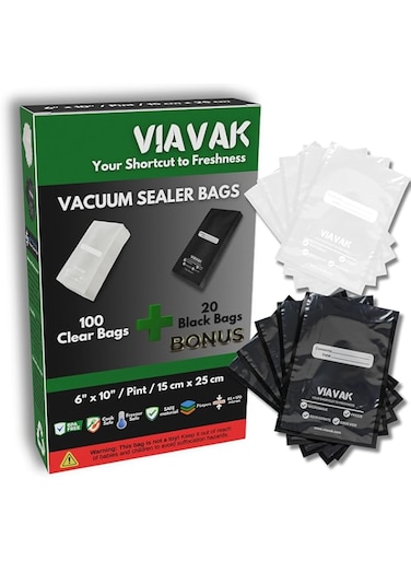 VIAVAK (6x10 Inch) Vacuum Sealer Bags for Food   100 Clear + 20 Bonus Black   7-Layer Commercial Grade, BPA-Free, Writable Surface for Content &amp; Date, Heavy Duty for Food Storage &amp; Sous Vide