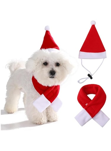 Cat Christmas Costume Santa Hat with Scarf Gift for Cute Pet Puppy Kitten Small Cats Dogs Xmas Outfits Clothes