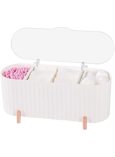 Oasisgalore Plastic Qtip Holder Dispenser,Cotton Ball and Swab Holder with Clear Lid,3 Compartments Bathroom Storgae Organizer,Multifunctional Vanity Organizer for Cotton Swab,Ball,Cotton Pad,White