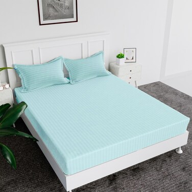 MAXQON Fitted Bed Sheet +2Pcs Pillow Covers, King Size 180x200+20cm, Color Sky blue