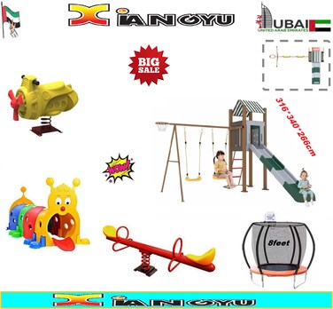 Outdoor Play Equipment: Spring Rider Rocking Toy, 8FT Round Trampoline With Basketball Frame Hoop, Plastic Caterpillar Tunnel, Plastic Metal Slide and Swing Playground Set, Spring Two Seater Seesaw.