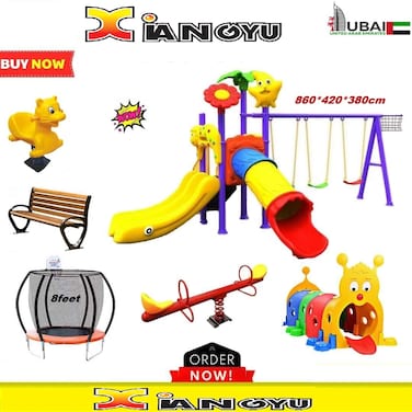 Outdoor Play Equipment: Plastic Spring Rider, Wood Park Bench, 8FT Trampoline With Basketball Frame Hoop, Plastic Caterpillar Tunnel, Outdoor Playground Swing And Slide Set, Spring Two Seater Seesaw.
