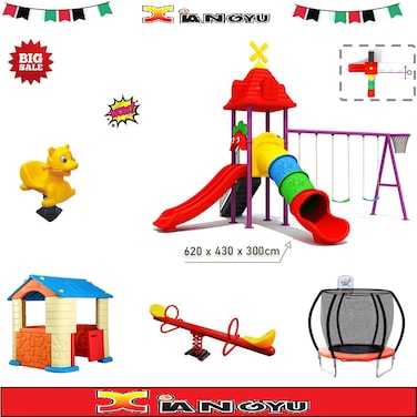 Outdoor Play Equipment: Plastic Spring Rider, 8FT Trampoline With Basketball Frame Hoop, Indoor And Outdoor Playhouse, Backyard Slide With Swing Outdoor Playground, Outdoor Spring Two Seater Seesaw.