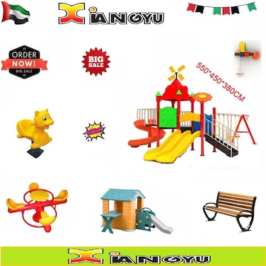 Outdoor Play Equipment: Plastic Spring Rider, Round Four-Seater Spring Seesaw, Indoor Playhouse with Slide and Table, Wood Park Bench, Outdoor Playground Equipment Kids Plastic Swing And Slide Set.