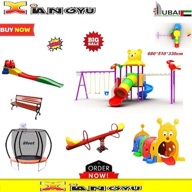 Play Equipment: Roller Coaster Car, Wooden Metal Frame Bench, 8FT Trampoline With Basketball Frame Hoop, Plastic Caterpillar Tunnel, Outdoor Playground Swing And Slide Set, Spring Two Seater Seesaw.