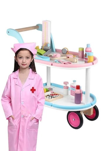 Children Doctor Toy Medical Vehicle Role-Playing Game Wooden Pretend Cart Set
