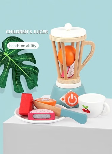 Wooden Machine Juicer Toy With Fruits And 3 Tools Play Kitchen Accessories