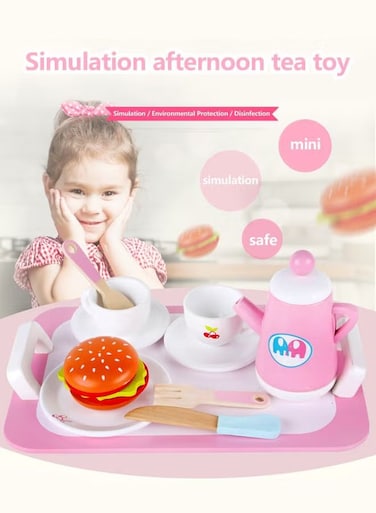 Mini Kitchen Wooden Playhouse Educational Toy Pink Afternoon Tea Food Set For Kids