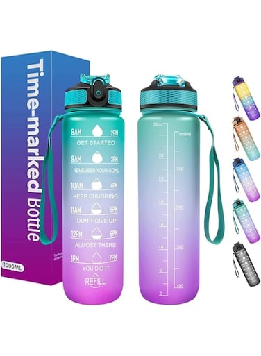 AWH Sport Water Bottle 1L - Motivational Water Bottle with Time Marker, BPA-Free, Leak Proof - Ideal for Kids, Fitness, Gym, Office, Outdoor, School, Sports - Pink-Green