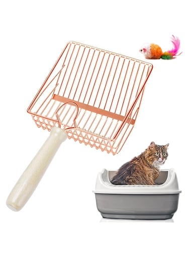 Flyjobs Cat Litter Scoop Stainless Steel Metal, Non-Slip Beech handle Kitty Deep Shovel for Maximum Sifting, Durable Premium Non-Stick Aluminum Alloy Sifter Cat Litter Shovel