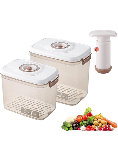 . Kitchen Storage Box Set, 2 Pcs Vacuum Food Container Boxes with Vacuum Pump, Transparent Plastic Food Storage Case with Airtight Lid and Time Compass for Vegetables, Fruits and Meats