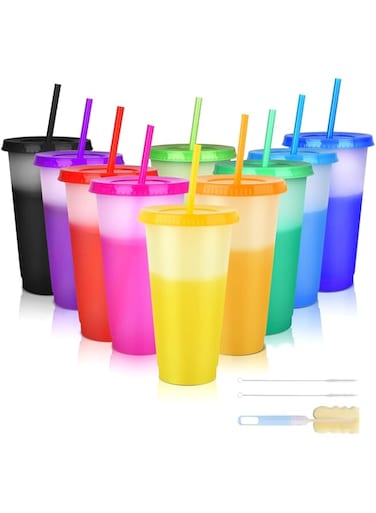 10pcs Color Changing Cups, Multiple Color Changing Cups with Lids and Straws, Cold Drink Plastic Straw Cups, Suitable for Ramadan Gathering, Pool Party, Family Gathering, Birthday, Camping,
